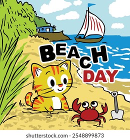 Beach Day Cartoon Cat with Crab and Sailboat on a Sunny Seaside Background  
