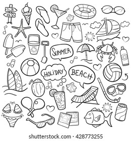 Beach Day Doodle Icons Hand Made. Clip Art Vector Sketch Illustration.