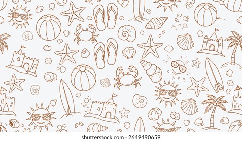 Beach day doodle seamless pattern. hand drawn sandcastle, flip flops, starfish, crab, surfboard, palm icons. Brown line art summer background for textile and wrapping