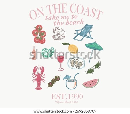 Beach day picnic on the coast. Lobster, sardine, olive, crab, tomato, seashell, cherry, umbrella, surf board, lemon, coconut, watermelon, drink artwork for t shirt, poster, sticker and other uses.