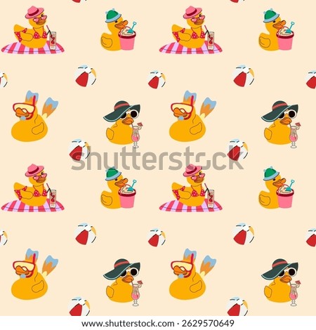 Beach Day Rubber Ducks. Cute Seamless Summer Pattern