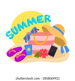 Beach day scene with bag with sandals and sunglasses in sand with sun background.