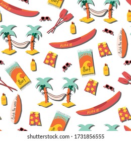 Patrón vectorial sin fisuras en el día de la playa. Hamaca de palmera, tabla de surf, canoa, pantalones cortos, toallas de playa, gafas de sol, loción solar de fondo. Diseño del día de playa hawaiano de estilo emoticono 3D. 