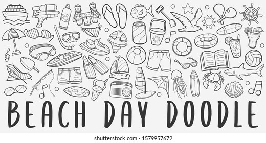 Beach Day Summer Doodle Line Art Illustration. Hand Drawn Vector Clip Art. Banner Set Logos.