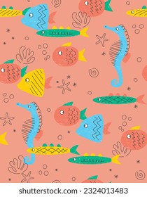 Beach days baby toddler summer nautical fish seahorse sea ocean print seamless pattern graphic vector artwork