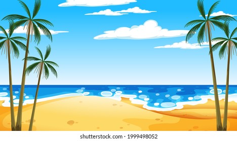 Beach at daytime landscape scene with palm tree illustration