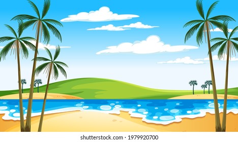 Beach at  daytime landscape scene with sky background illustration