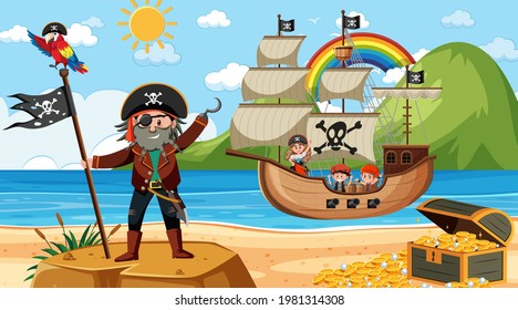Beach at daytime scene with pirate kids cartoon character on the ship  illustration