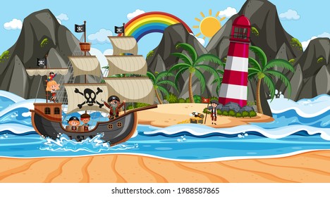 Beach at daytime scene with pirate kids cartoon character on the ship  illustration