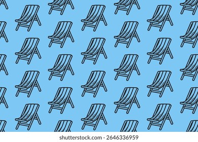 praia deck cadeira gravando padrão sem costura no fundo azul. praia lounger linha arte padrão fundo. verão cadeira doodle motivo papel de parede design para crianças produto e mercadoria
