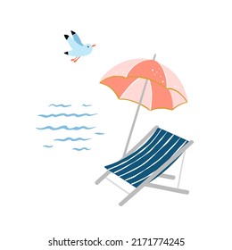 Beach Deck Chair And Parasol. Cute Seaside Vector Clipart. Summer Vacation Illustration