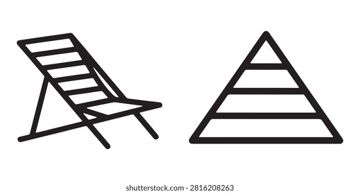 Beach deck chair and pyramid line icon set, relaxation and ancient landmark concept