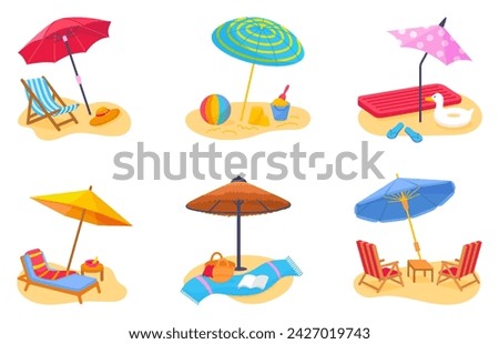 Beach deck chair and umbrella scenes. Summer vacation, sea travel and rest. Sun protection umbrellas, sand toys and towel, neoteric vector concept