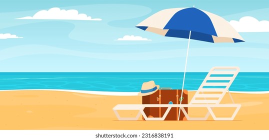 Beach deck chair with umbrella. Summer vacation on a sandy beach. Happy hot vacation. Vector illustration