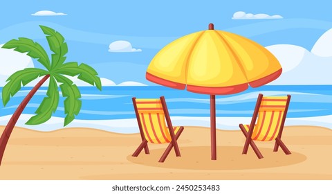 Beach deck chairs and sun protect umbrella on ocean coast. Recreation and seasonal summer rest. Tropical exotic resort, palm tree, nowaday vector scene