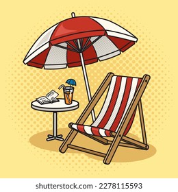 Una tumbona de playa con sombrilla de playa pinta una ilustración de un vector retro de arte pop. La imitación al estilo de un libro de historietas.