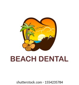 Beach dental logo design, logo with beach palm and flower summer element. simple minimalist.