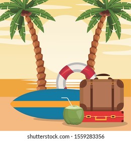 beach design with surfboard with suitcases and coconut cocktail, vector illustration