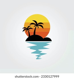 Beach design. which is drawn in synthetic summer vector and bright colors. Sunset over the sea with palm trees and dancing birds.