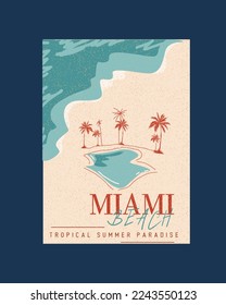 Beach Diseños Miami Beach Retro fondo de ola Póster tipográfico perturbado Seashore palmera Flyer Template banner Poster Diseño gráfico de camiseta Vector de impresión