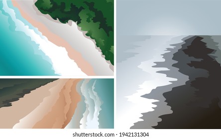 Playa de diferentes estilos, costa, vista de ojos de pájaro, ilustración de fondo, vector