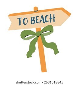 Beach direction sign with green bow for summer vacation design.