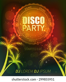 Beach disco party / dark flyer design label and palm trees