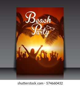 Beach Disco Party with People Silhouettes Vector Flyer Template