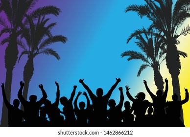 Beach disco party, silhouettes of dancing people and palm trees. Vector illustration.