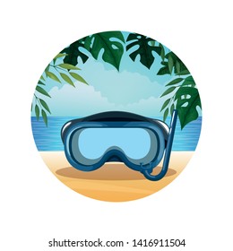 Beach with diving mask round icon cartoon vector illustration graphic design