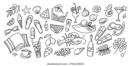 Beach dolce vita doodle set. Hand drawn seafood and cocktail, seaside vacation, summer resort graphics and travel or leisure icons. Fruit, ice cream and swimwear, diving mask isolated vector set.