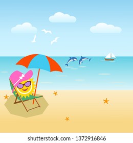 a beach with dolphins and the sun under an umbrella