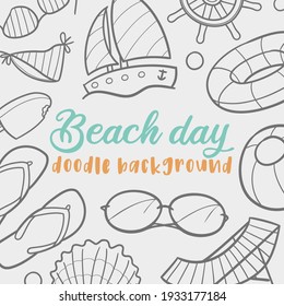 Beach Doodle Banner Icon. Water Vector Illustration Hand Drawn Art. Line Symbols Sketch Background.