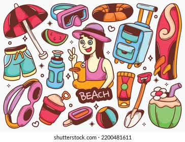 Beach Doodle Hand Drawn Color Vector Collection