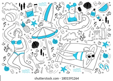 Beach doodle set. Collection of hand drawn sketches templates of people lying at sea or ocean coast sunbathing under umbrella and building sand castles. Summer recreation on vacation illustration.