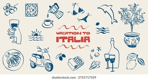 Beach doodle set featuring Italian summer icons: sea waves, palm trees, lemons, wine and Italian coastal sketches perfect for vintage travel postcards and Mediterranean designs. Vacation to Amalfi