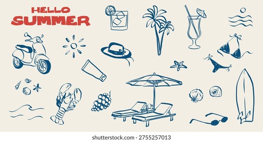 Beach doodle set featuring summer icons: sea waves, palm trees, lemons, wine and Italian coastal sketches perfect for vintage travel postcards and Mediterranean designs. Chalk vector illustration
