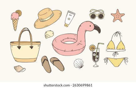 Beach doodle vector set. summer hand drawn illustration. Beach vacation doodle collection vintage style