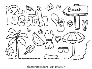 Doodles de playa.símbolos de verano, como helados, palmeras, gafas de sol, cactus y sandía.  Ilustración vectorial.
