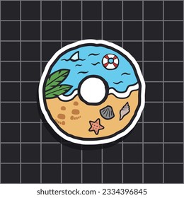 Beach Doughnut double-meaning illustration sticker template. Hand-drawn clipart vector. Usable for labels, banners, or advertisements.