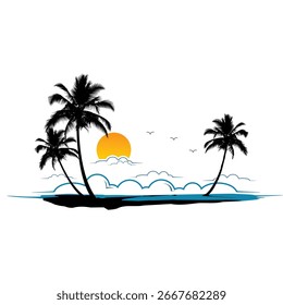 PLAYA DIBUJA PALMERA EN SILUETA Y SALIDA DEL SOL