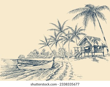 Beach drawing  empty wooden boat shore  small wooden house   palm trees