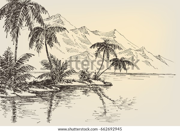 Image Vectorielle De Stock De Dessin De Plage Palmiers Et