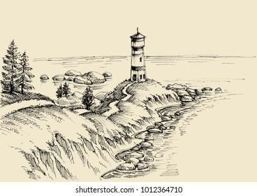 Beach drawing, a path to the lighthouse and beautiful sea view