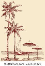 Beach drawing, sun umbrellas in the sand, palm trees and a boat sailing