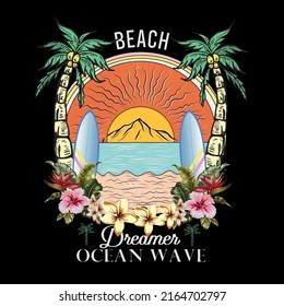 Beach Dreamer in Ocean wave, Retro summer beach design for apparel and others. California Santa Monica, Miami, long, aloha beach t-shirt design. Beach vibes artwork.