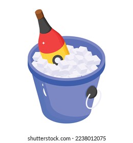 Beach drink cooler, an isometric icon of wine bucket 