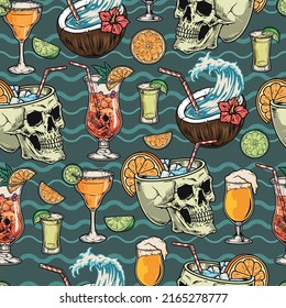 Patrón de bebidas de playa cócteles alcohólicos de color vintage sin fisuras con cráneos y bebida de coco refrigerante para fiestas de piscina ilustración vectorial