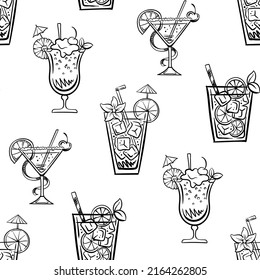 beach drinks. seamless pattern with cocktails. linear drawing. line graphics on a white background.