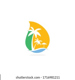 Beach drop shape concept logo design template. summer logo designs. Tropical beach and palm tree logo design.